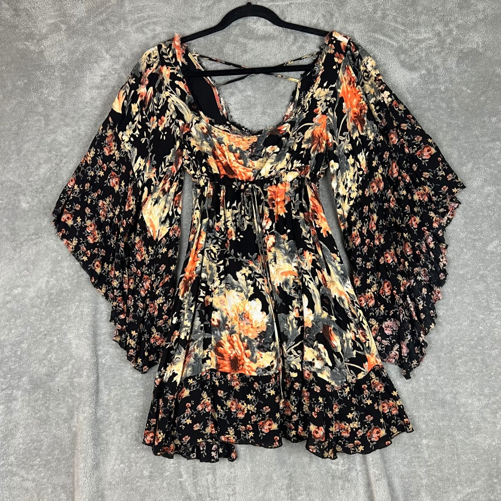 Free People Heart of Gold Mini Dress Womens XS‎ Floral Bell Sleeve Fairy Witchy
